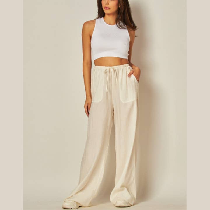 WILD LILAC - Wholesale Pants - Women's - Tie Waist Linen Blend Wide Leg Pants