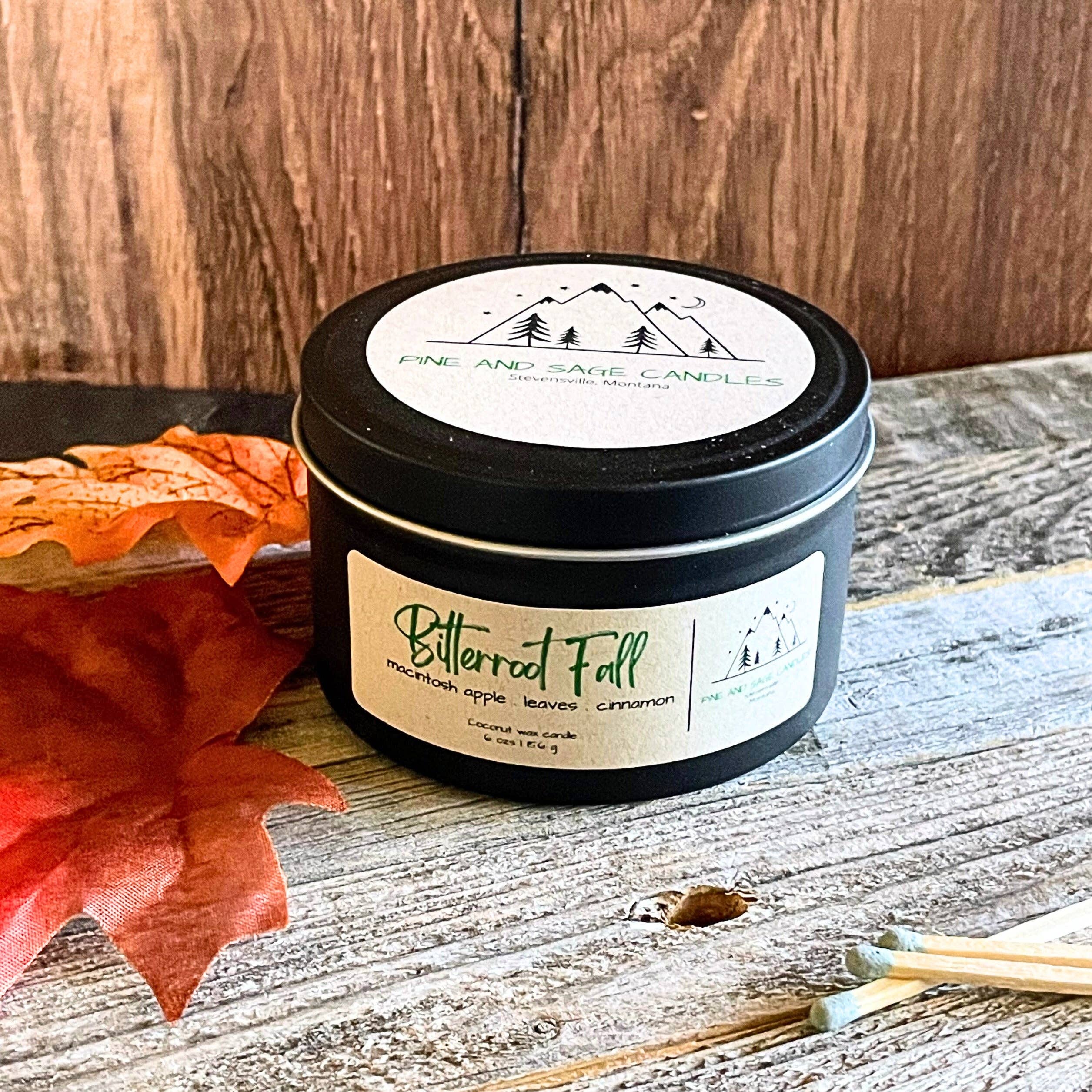 Pine and Sage Candles – wholesale Reseljus – Bitterroot Fall - 6 oz Svart Matt Ljusstake i Plåt0