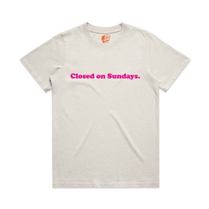 Vintage White Closed On Sundays Women's Relaxed T-Shirt - Pink for wholesale by Yoko's Mini Mart