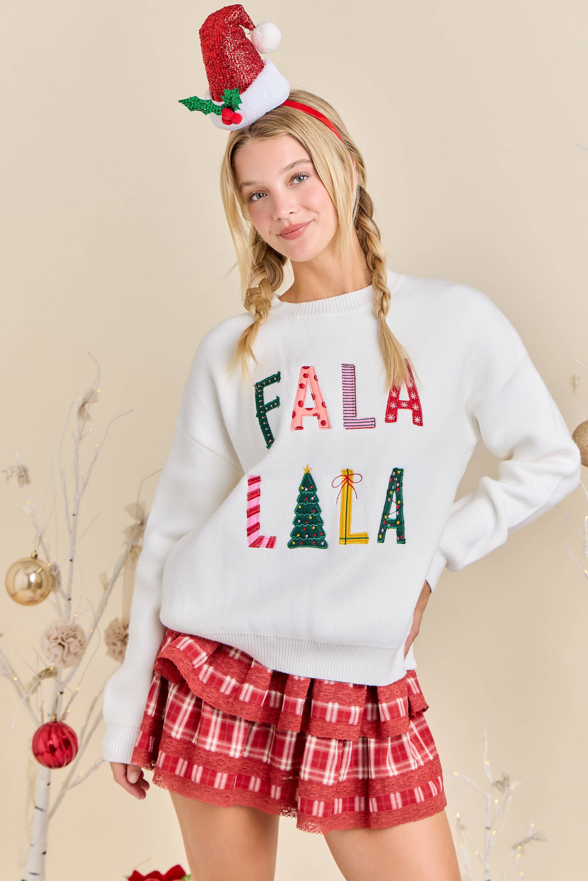 WHITE Fa La La La Christmas Knit Sweater Ready to Ship Holiday 🎵 for wholesale on Faire3