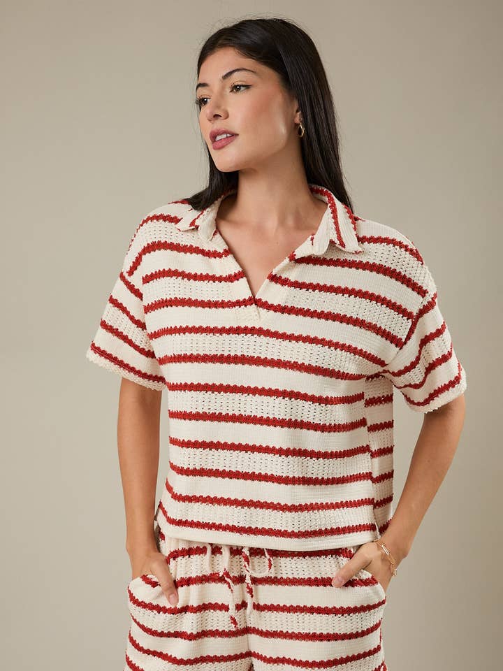 COLLARED STRIPE CROCHET BOXY TOP & SHORTS for wholesale by GILLI