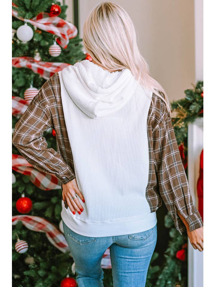 White Waffle Patch Plaid Sleeve Kangaroo Pocket Hoodie for wholesale on Faire1
