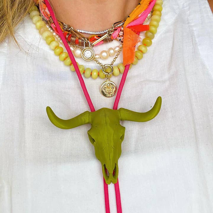 Longhorn Bolo Olive Green with Hot Pink & Peach for wholesale by Rahya Jewelry Design