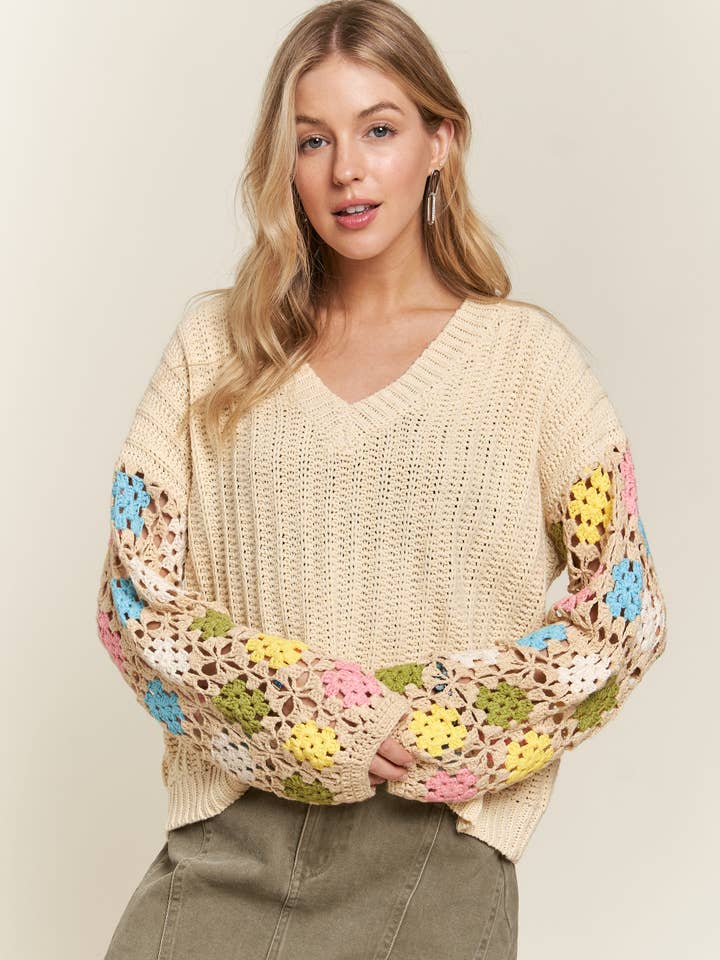 ADORA LA - Wholesale Knit Top - Women's - CESW3575 - MULTICOLOR SLEEVE KNIT TOP