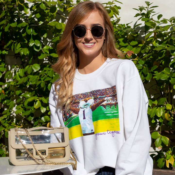 Stadium Crewneck Fleece in White - NCAA Licensed for wholesale by Capri Designs