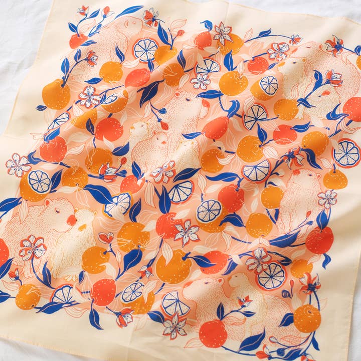 Capybara Yuzu Art Bandana Scarf (Pink-Orange) for wholesale by sol&mar art co.