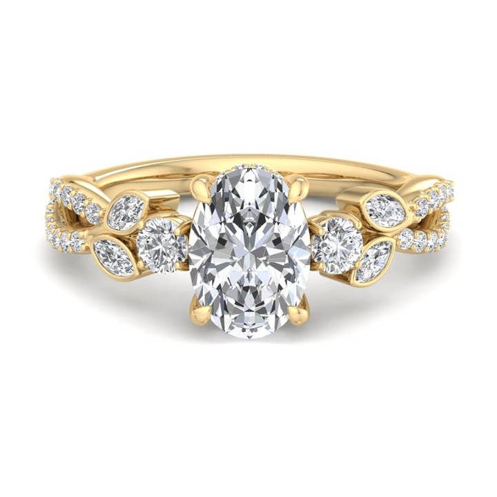 Floral Marquise Band with Beaded Detail Oval Lab Grown Diamond Center Engagement Ring for wholesale by Caratina