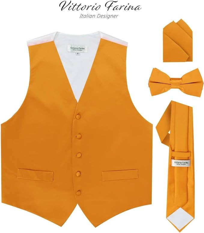 Dubal Brothers - Wholesale Suit Vest - Men's - Vittorio Farina Solid Satin Vest Set (White Back) Var. 02 (Mustard-Yellow)1