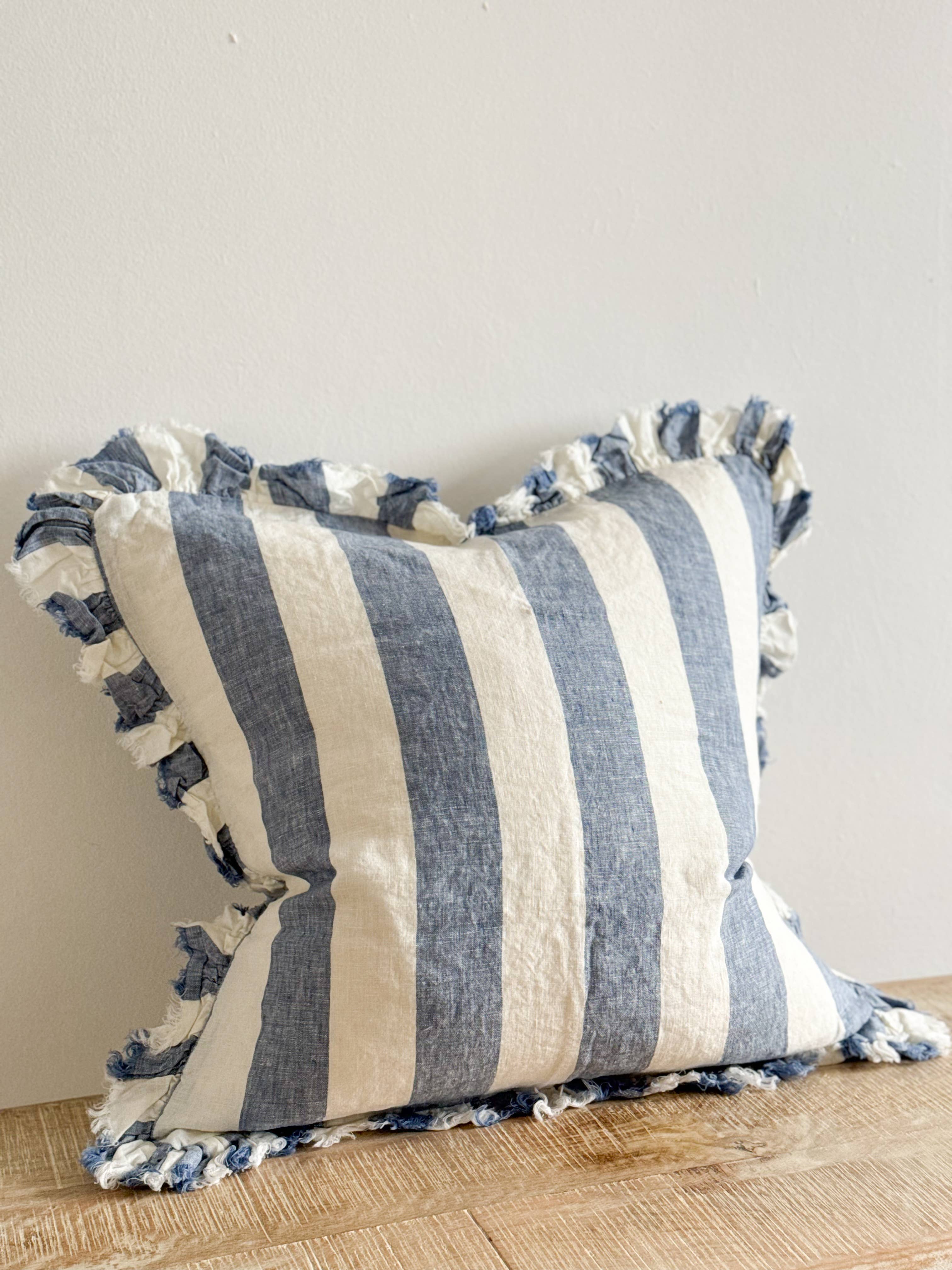 Ellenvale Trade - Wholesale Throw Pillow Cover - Hallie Ruffled Linen Cushion Cover – Blue Wide Stripe2