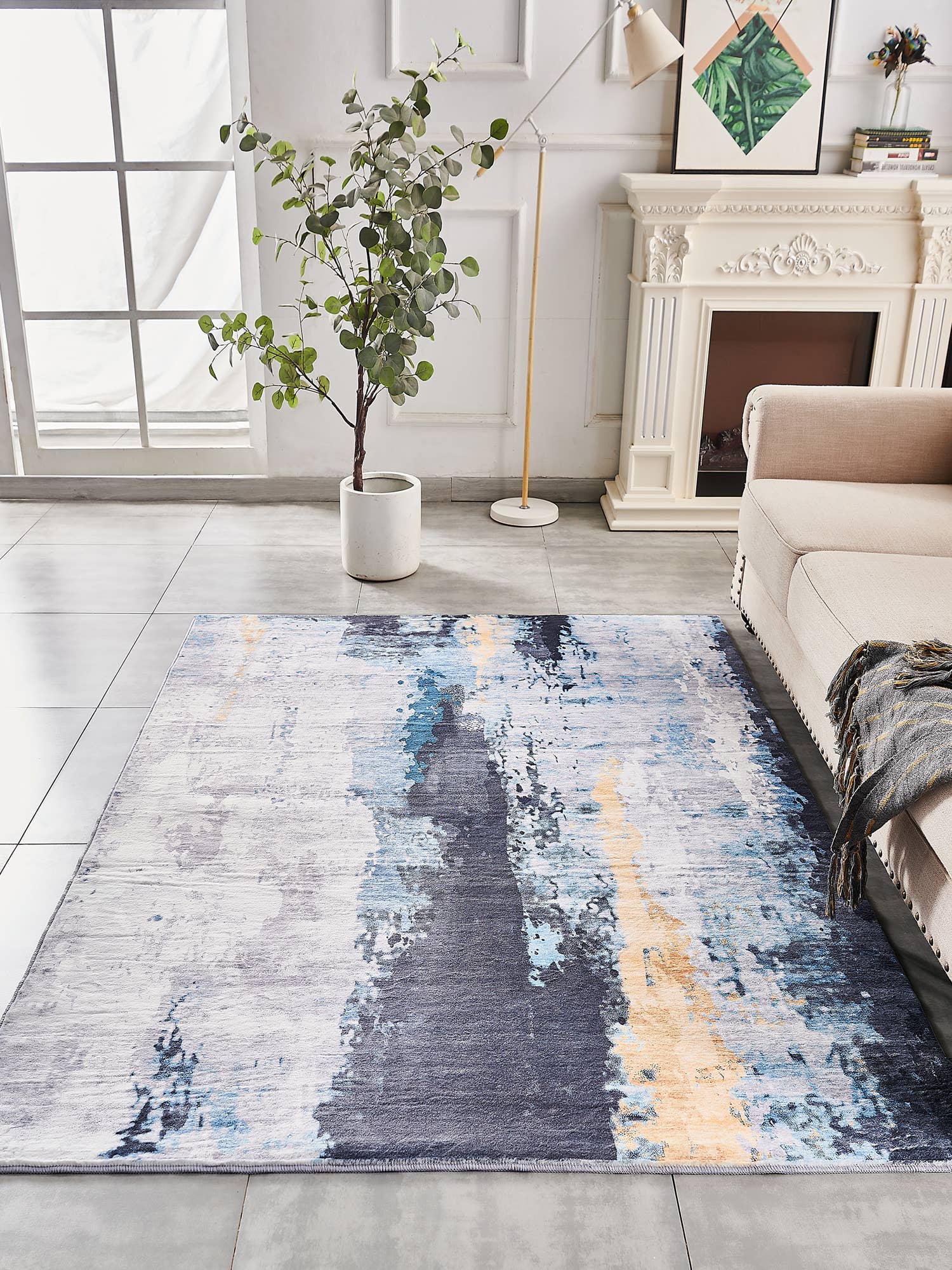 Amazing Rugs – Großhandel Teppichvorleger – Zara Abstract Design, maschinenwaschbar, grau/blau-gelber Bereich4