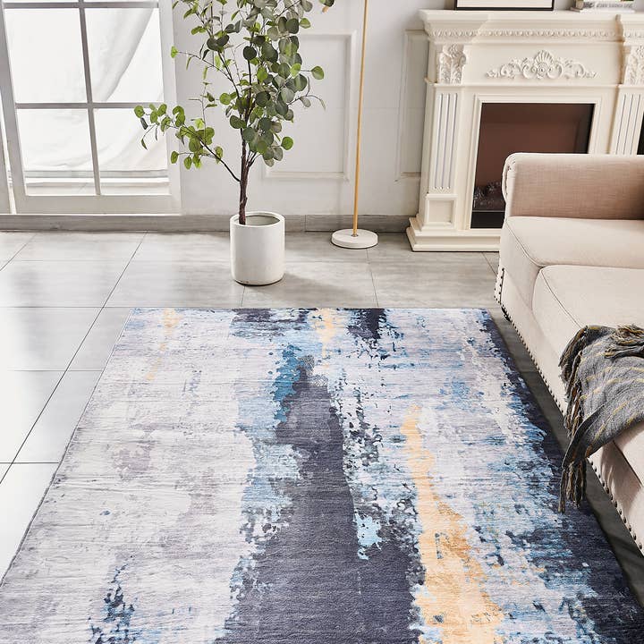 Amazing Rugs – Großhandel Teppichvorleger – Zara Abstract Design, maschinenwaschbar, grau/blau-gelber Bereich4