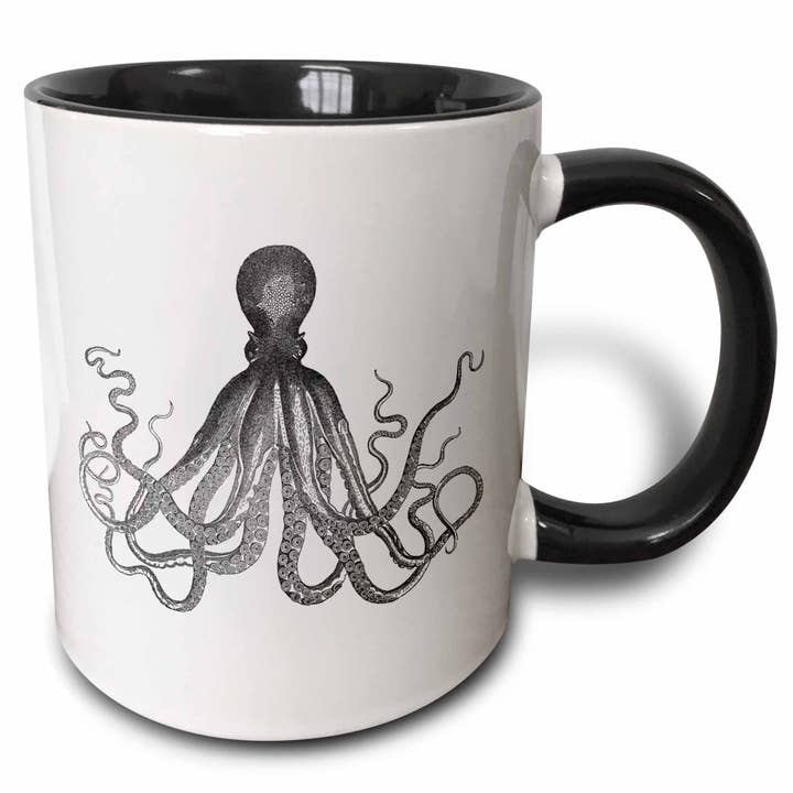 3dRose - Vente Tasse à café - Tasse noire bicolore 11 oz Vintage Octopus - Noir et blanc Lo