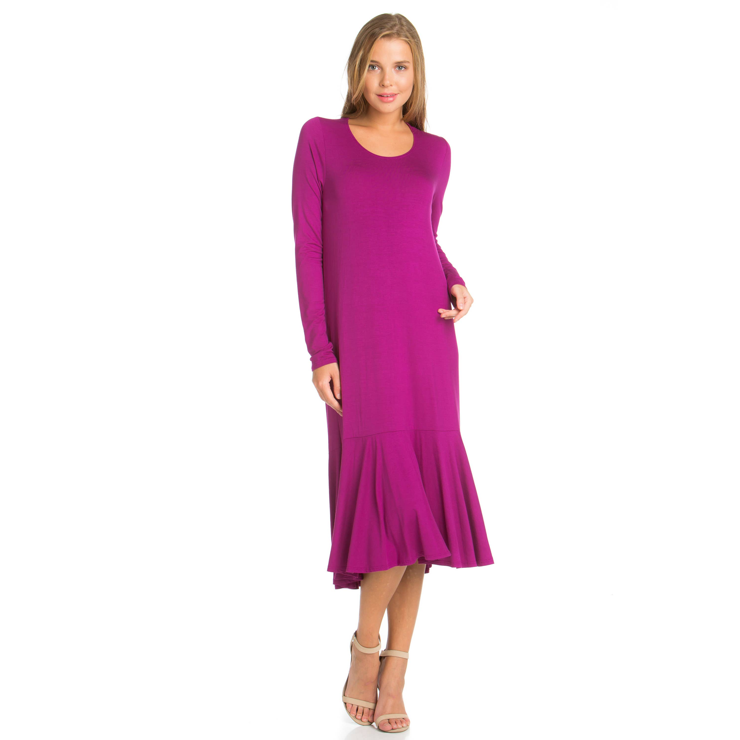 Azules Clothing - Wholesale Dress - Women's - ADM-8258RS Ruffle Hem Long Sleeve Midi Dress13