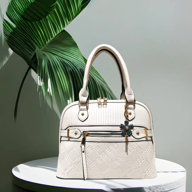 Medium Front Zipper Top Handle Bag with a Flower Bag Charmer for wholesale by Superbia