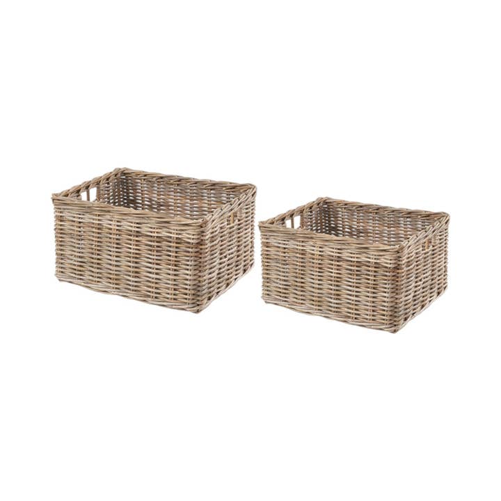 Set of 2 Grey Kubu Rattan Rectangular Storage Baskets with Inset Handles for wholesale by Red Hamper