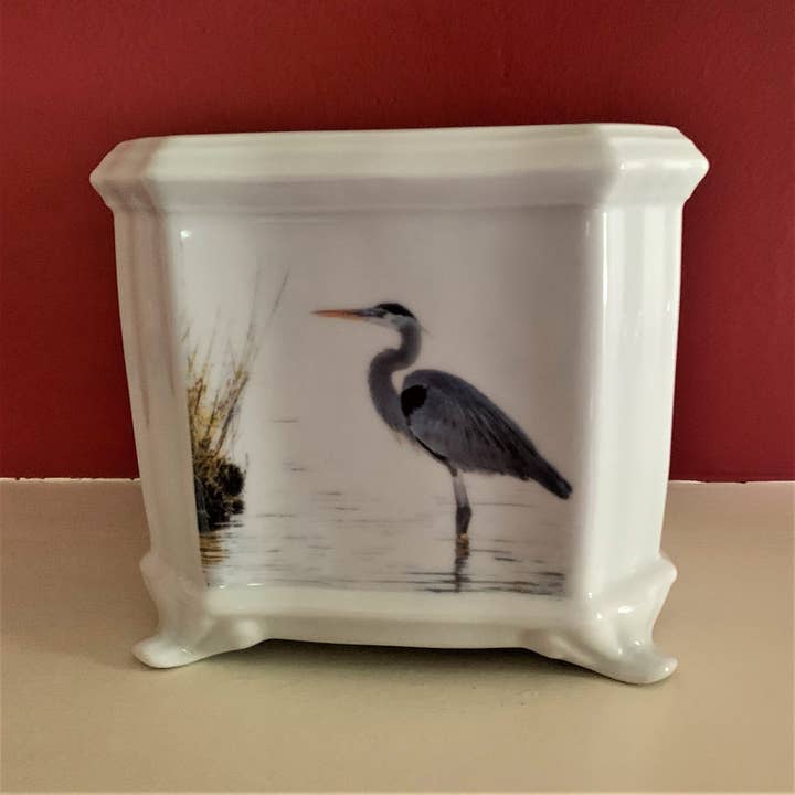MacHatton & Hall, LLC - Wholesale Plant Pot - Blue Heron Cache Pot, 7" Square, Porcelain Planter