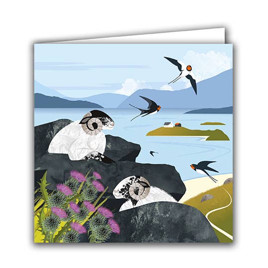 Blank Greeting Card "Sleeping Sheep and Swallows" for wholesale by Silver Birch Cards