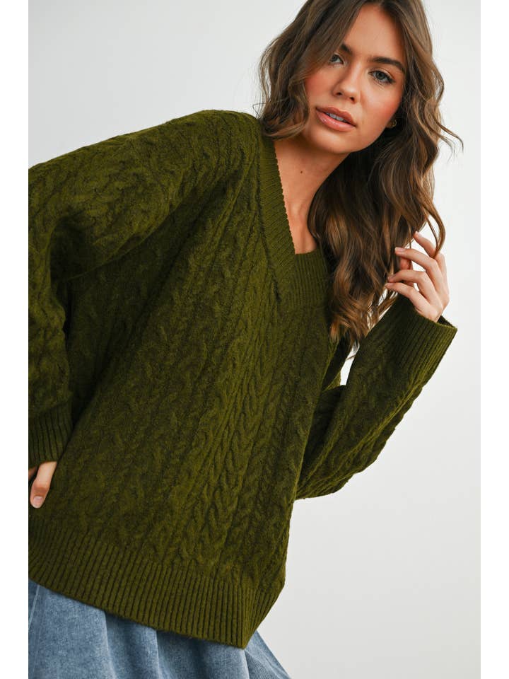 BUTTERMELON - Wholesale Knit Sweater - Women's - V-Neck Cable-Knit Long Sleeve Top - BMW787219