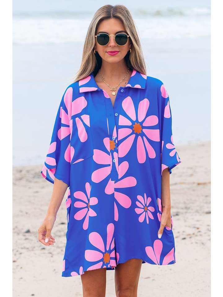 As shown Big Floral Summer Loose Fit Tunic Shirt Romper | S-XL for wholesale on Faire