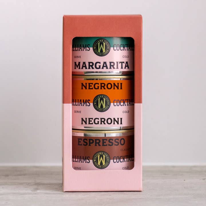 Embalagem de presente incluindo 3 cocktails (NGRN, ESMA, MRGA) por atacado de Williams Premium Canned Cocktails