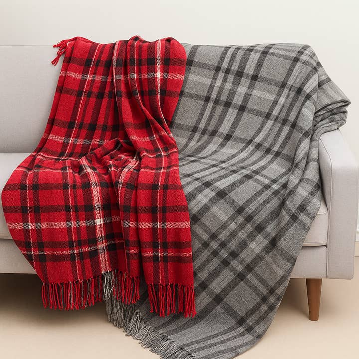 Red Chenille Woven Plaid Tassel 50"x60" Throw Blanket for wholesale on Faire4
