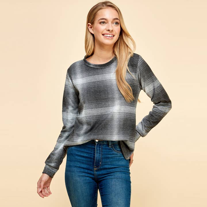 Plaided Sweatshirt with Gathered Sleeve for wholesale by Les Amis