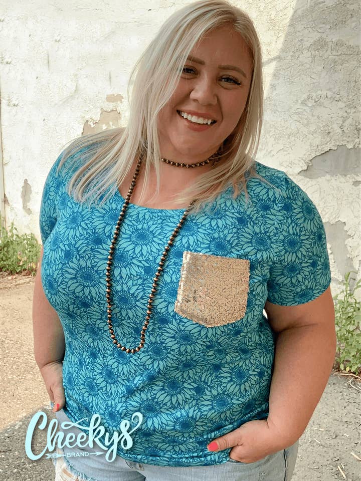 Turquoise Sunflower Scoop with Rose Gold Sequin Pocket for wholesale by Cheekys Brand