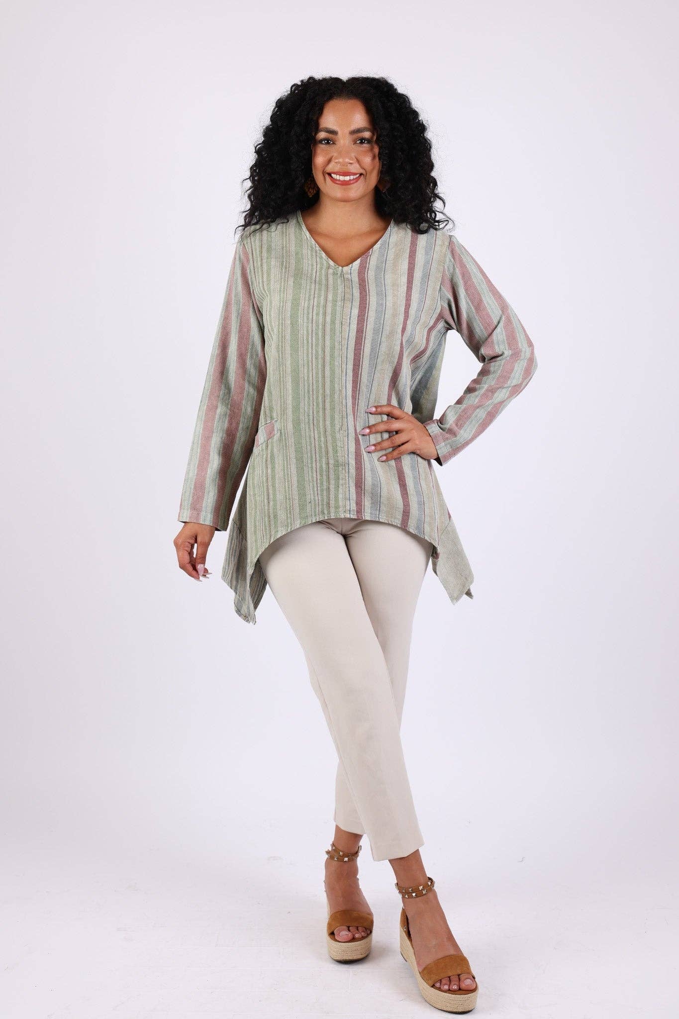 Sacred Threads - Venta al por mayor Túnica - Mujer - Túnica Patchwork: Verde Salvia con Rayas3