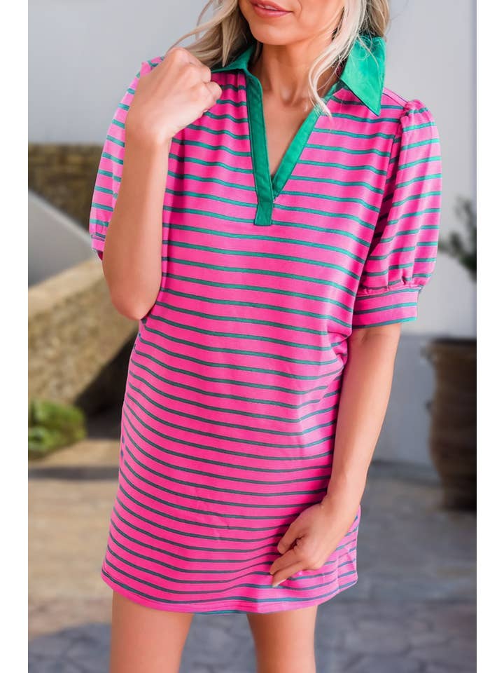 As shown Stripe Collared Puff Sleeve T Shirt Dress | S-XL & 1X-4X for wholesale on Faire
