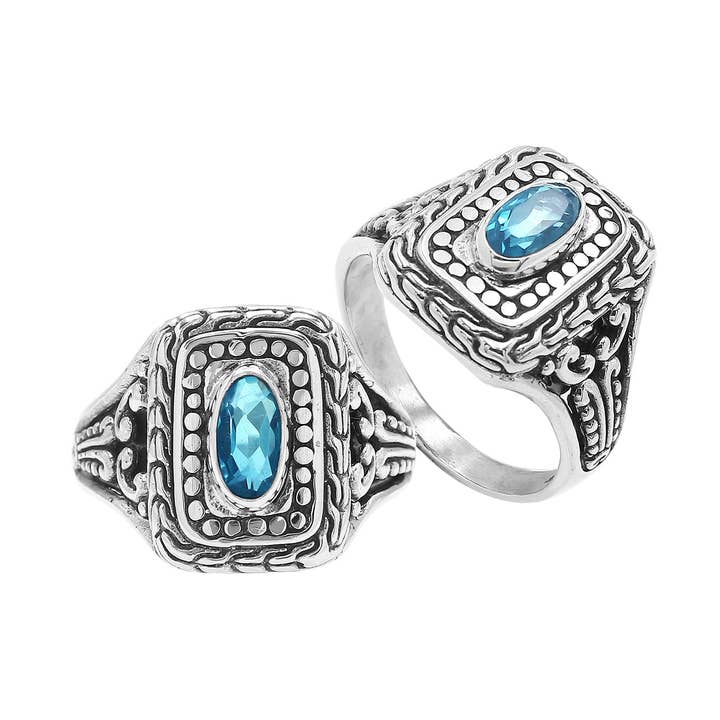 AR-6321-BT Sterling Silver Rectangular Ring With Blue Topaz Quartz In Classic Balinese Designer Pattern For Wholesale Collection for wholesale by Bali Designs