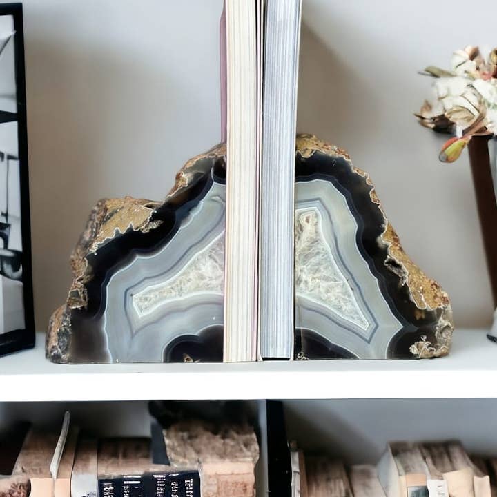 Agate Geode Bookends, Large Natural Stone Pair for wholesale by Deep Purple Project
