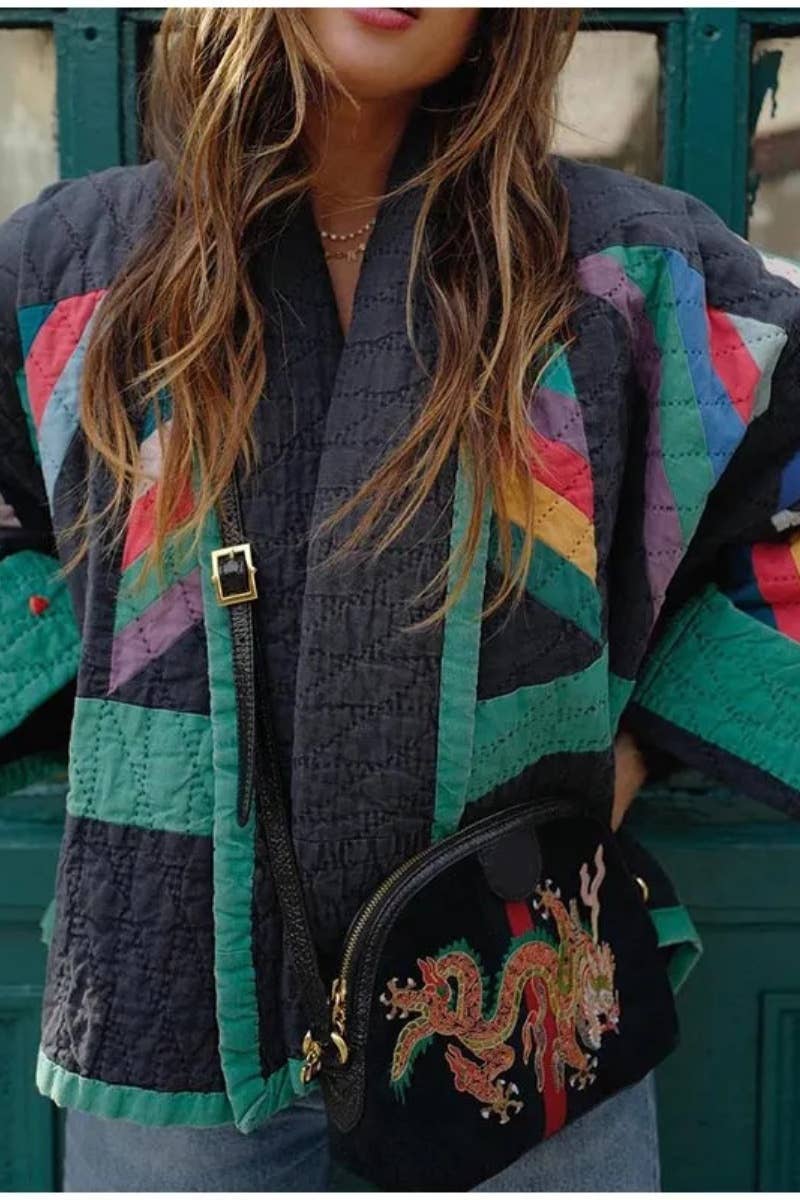 Green CWOCO0899_FASHION PRINT PATCHWORK LONG-SLEEVED COAT for wholesale on Faire