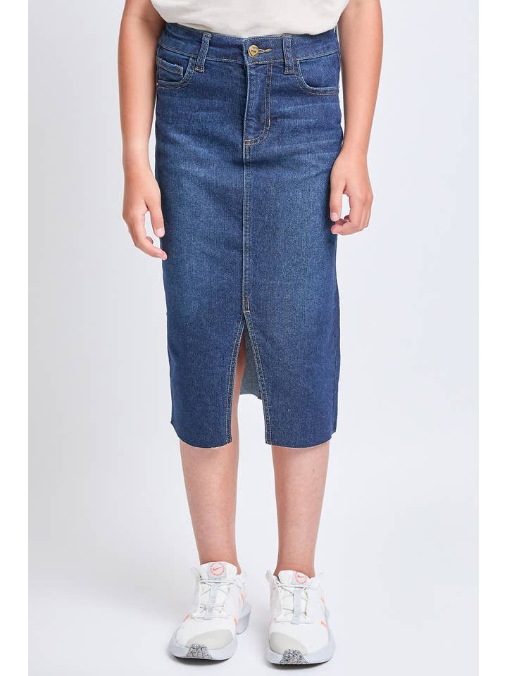 Mørk Indigo Lang nederdel i denim foran til piger med slids rå kant for engroshandel på Faire