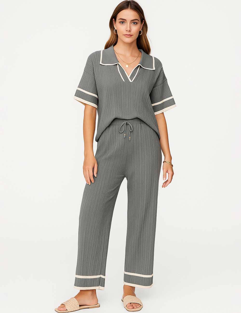 Sweetkama - Wholesale Lounge Set - Women's - Ladies Color Block Polo Collar Knit Top & Pants 2PCS Set12