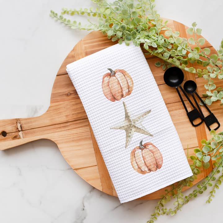 Canary Road - Wholesale Tea Towel - Orange Pumpkins & Starfish Kitchen Towel, Coastal Fall Beach