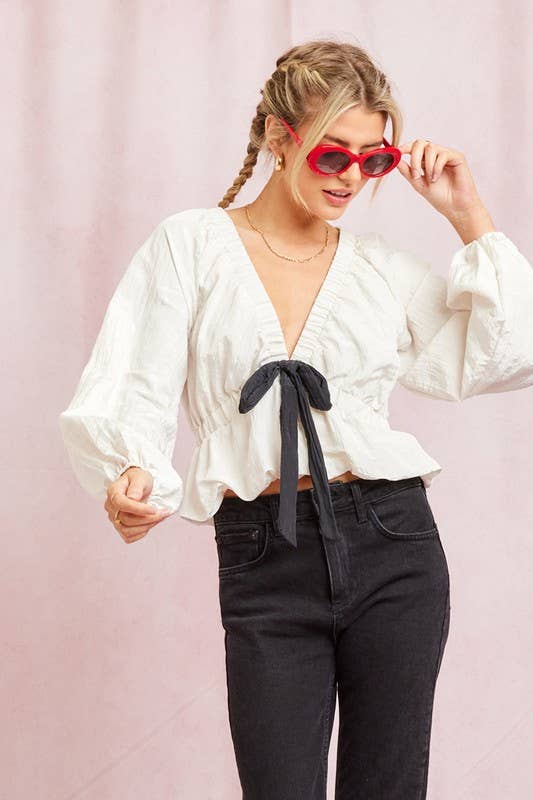Ivory Poly Contrast Bow Top for wholesale on Faire1