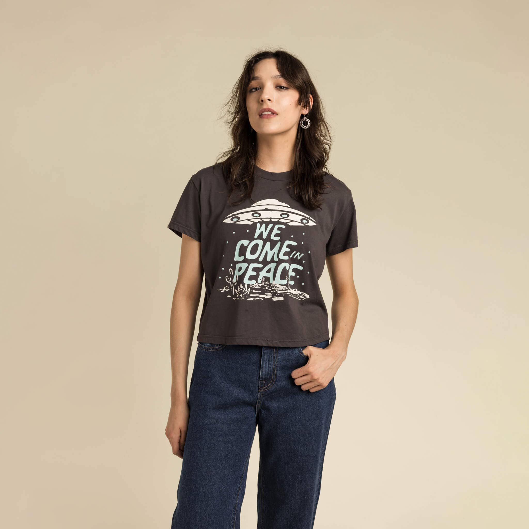 Sendero Provisions Company - Wholesale Screen Printed T-Shirt - Unisex - We Come In Peace Crop Tee2