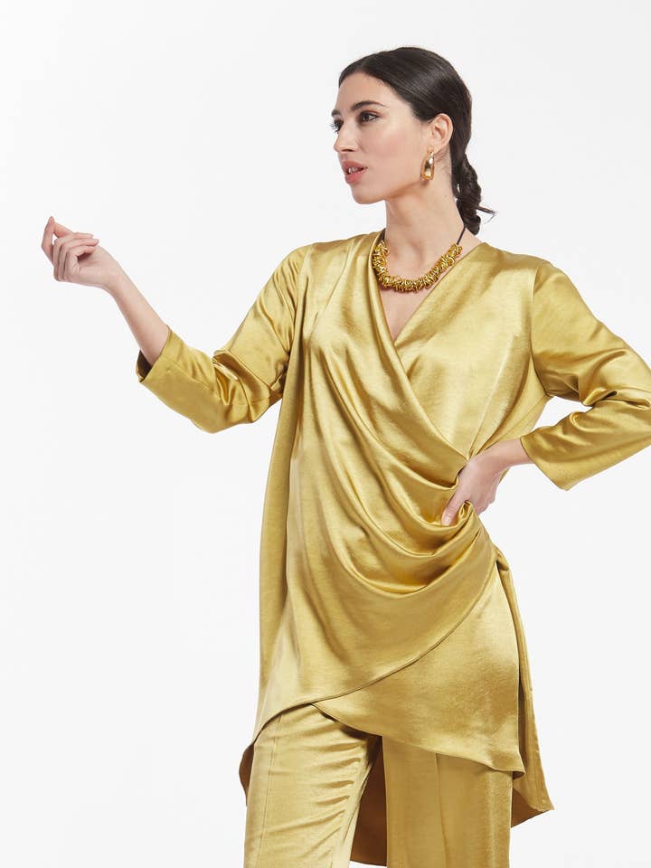 Vintage Satijnen Stretch Gewaad Met Gekruiste Plooien voor wholesale door OKY