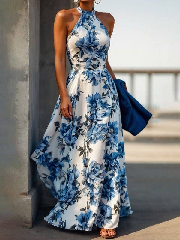 BLUE WHITE A-Line High Waisted Contrast Color Flower Print Pleated Halter-Neck Maxi Dresses for wholesale on Faire0