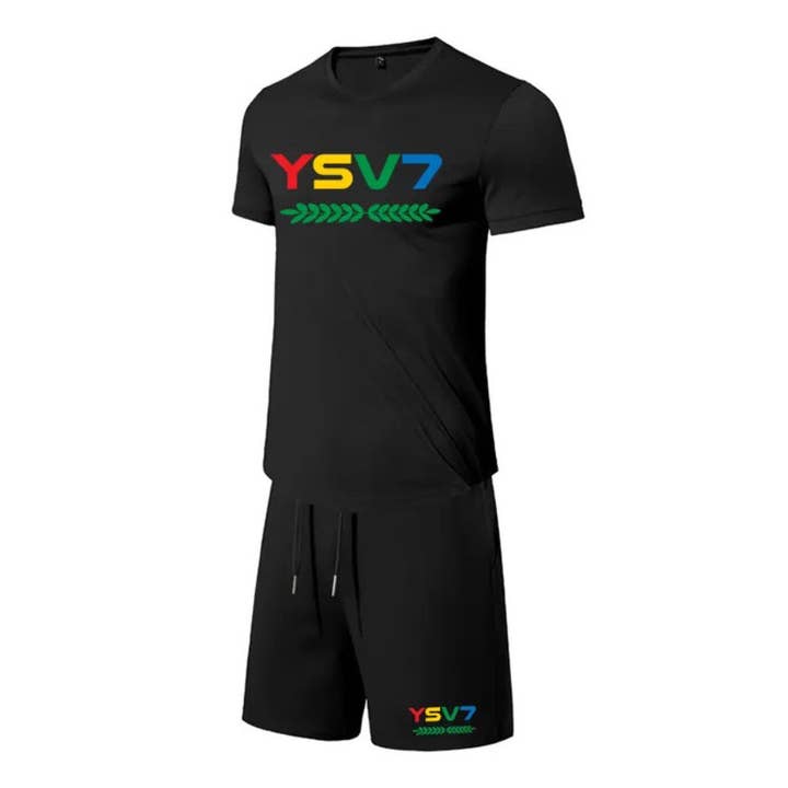 MENS BLACK FITTED SHORT SET COLOURFUL LOGO for wholesale by YSV7