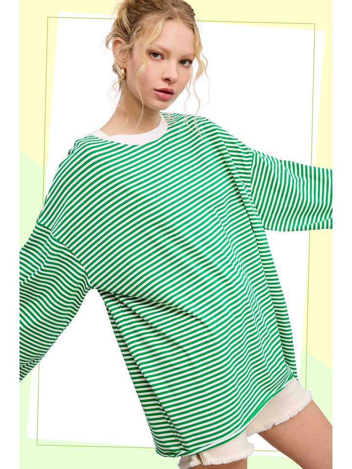 La Miel - Wholesale Knit Top - Women's - MCT7678-Oversized Striped Long Sleeve Pullover Top