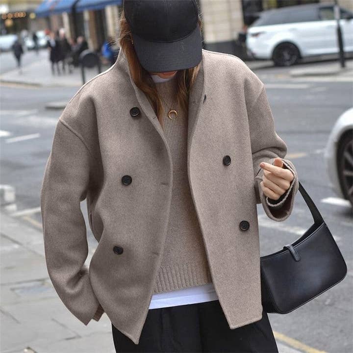 Brown Solid Thick Double Breasted Wool Coat for wholesale on Faire2