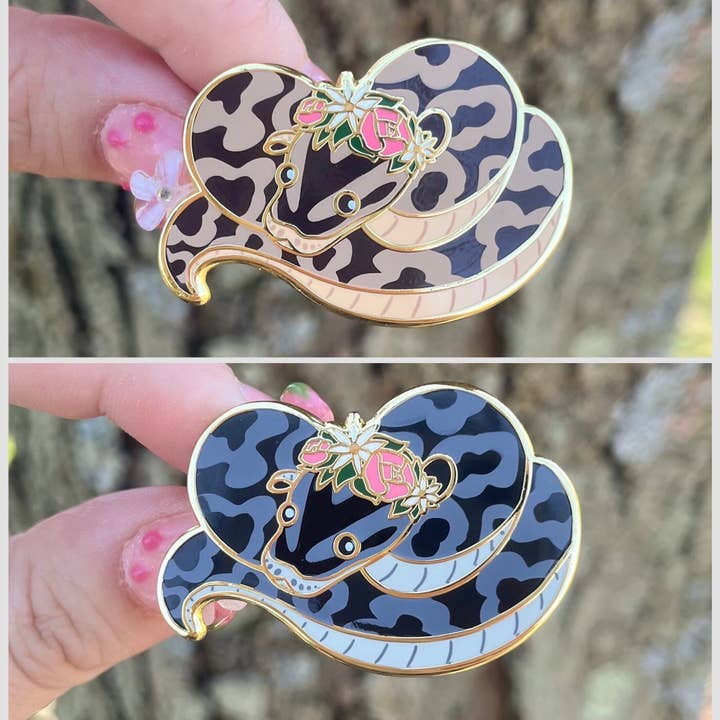 Ball Python Snake Flower Crown Enamel Pin! Brown or Black for wholesale by Heartel Design