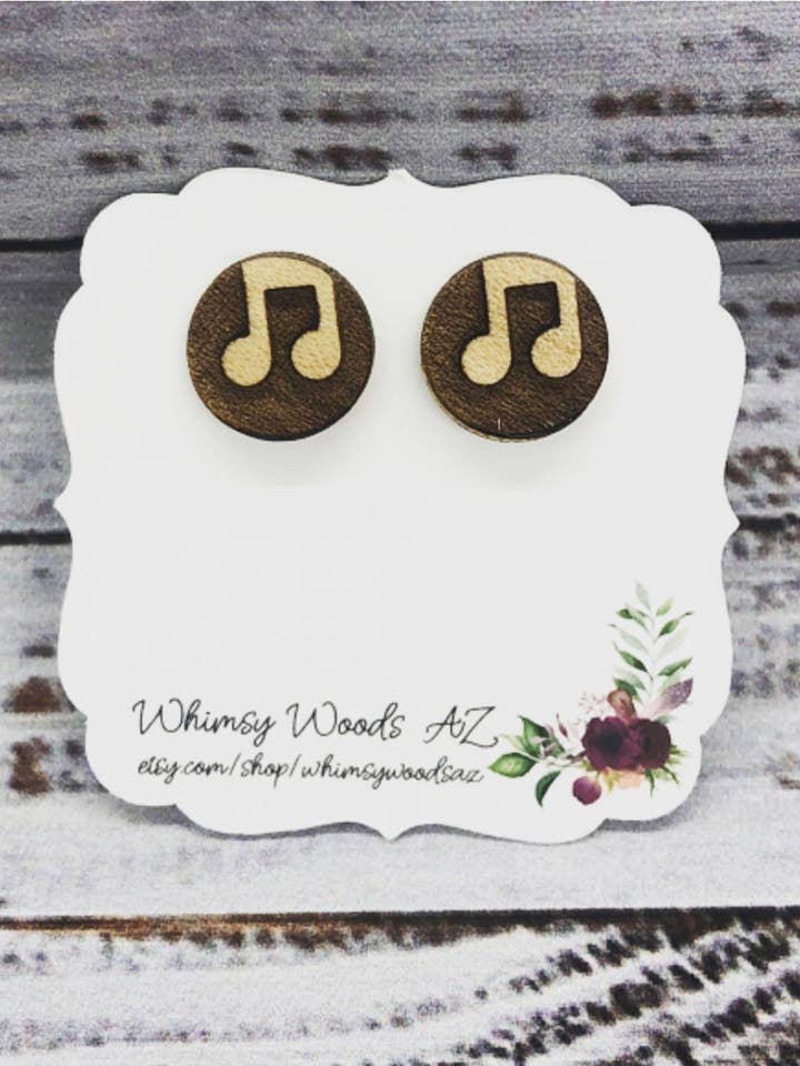 Pendientes con forma de nota musical, de arce, de madera, regalo para profesor de música para venta al por mayor de Whimsy Woods AZ