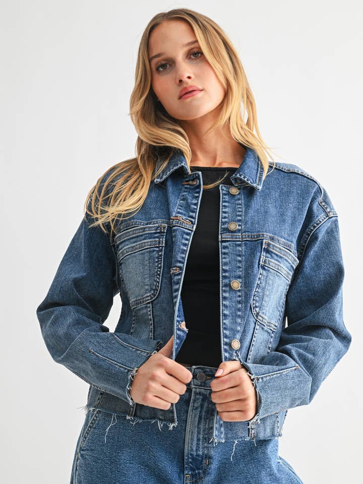 JA396 - MD - Frayed Hem Utility Denim Jacket for wholesale by Just USA Jeans