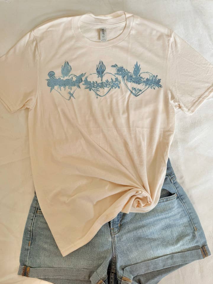 Holy Hearts in Blue Sweet Cream T-Shirt for wholesale by Harleigh Leonards Designs