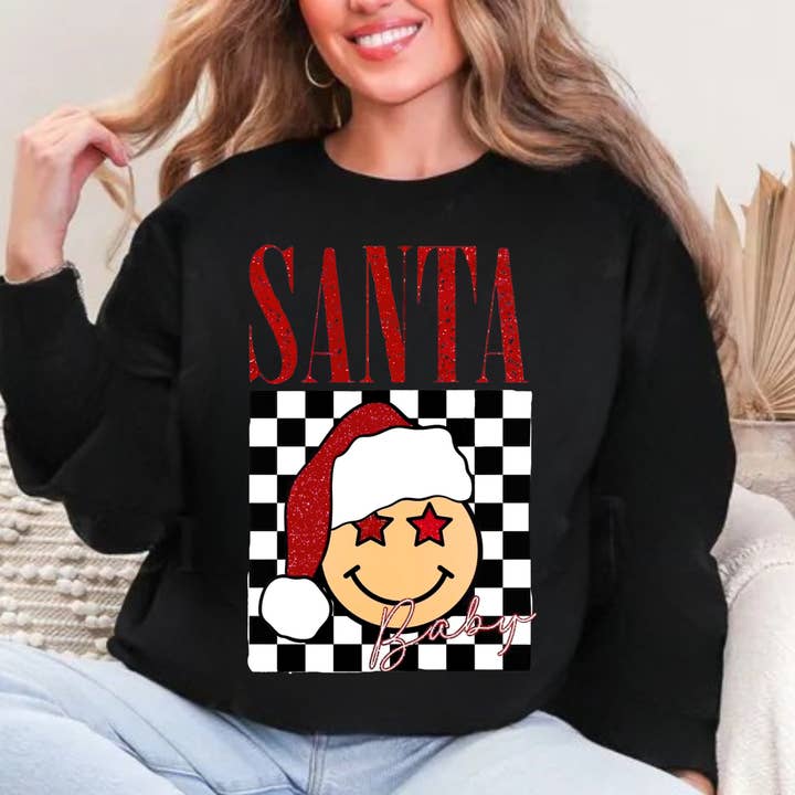 🎅 Santa Baby Sweatshirt | Smiley Face Christmas Preppy Crew for wholesale by Texas Twisted Wholesale