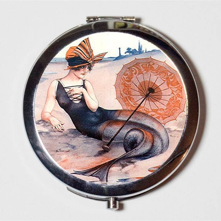 Flapper Mermaid Compact Mirror - Art Deco 1920's Jazz Age Roaring 20s Portrait on Beach - Make Up Pocket Mirror for Cosmetics for wholesale by FringePop
