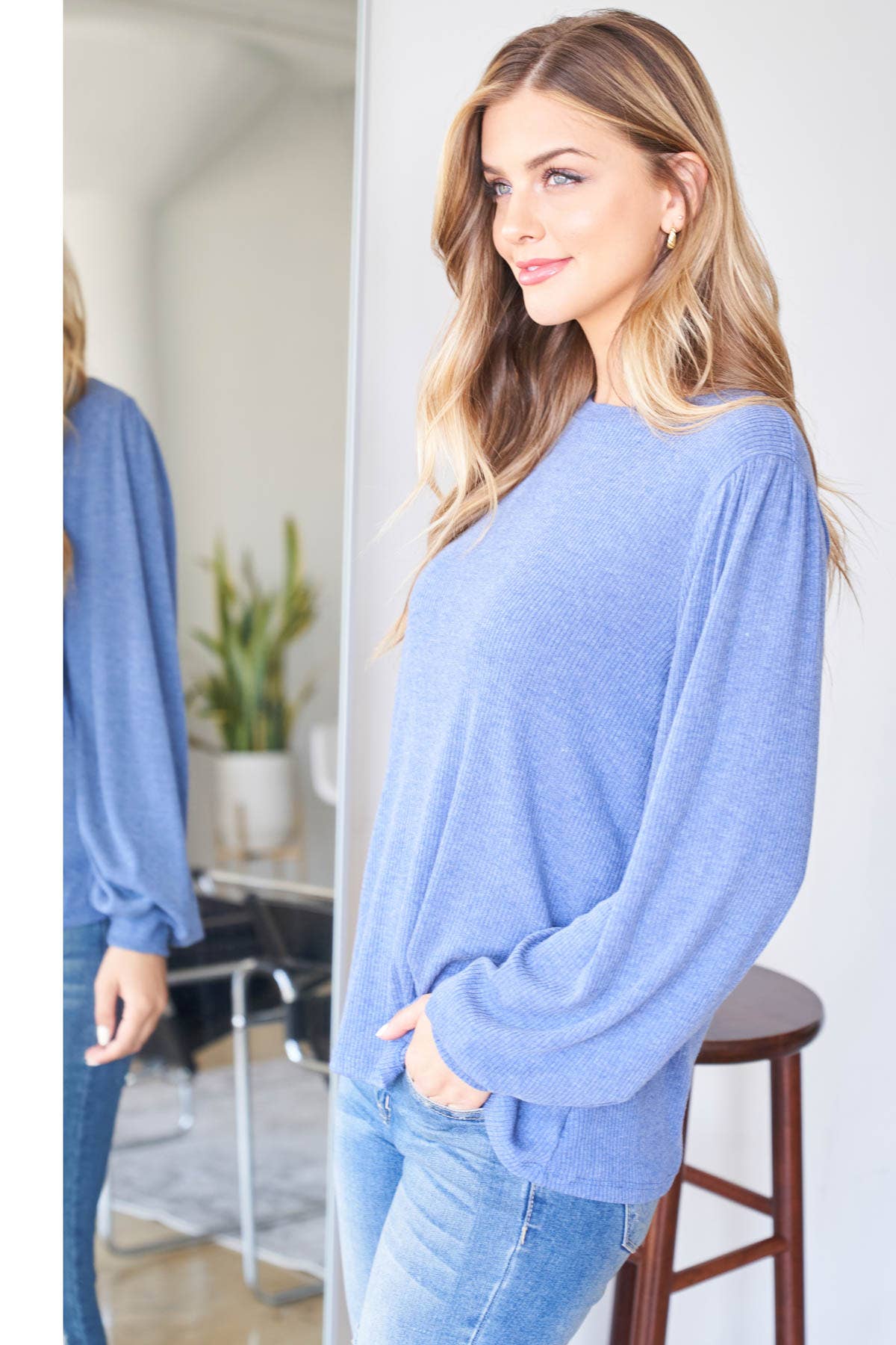 Navy PPT20533-NV-PUFF SLEEVE ROUND NECK BELLA RIB TOP for wholesale on Faire3