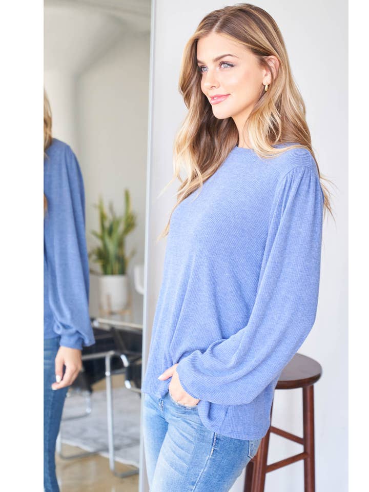 Navy PPT20533-NV-PUFF SLEEVE ROUND NECK BELLA RIB TOP for wholesale on Faire3